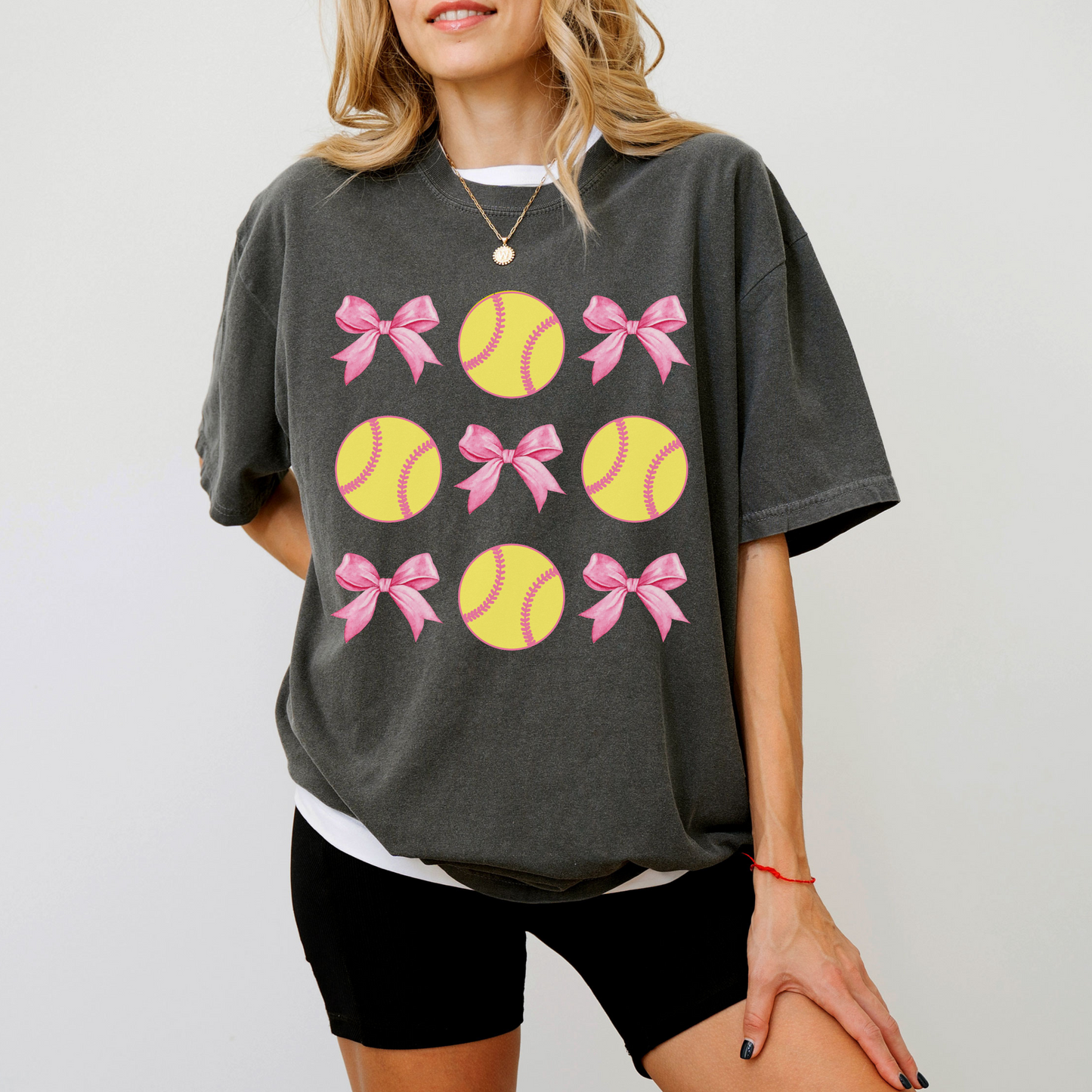 Coquette Softball Bow T-Shirt | Comfort Colors Cotton | Cute Game Day Tee with Pink Bows & Yellow Softballs | Girly Sports Shirt
