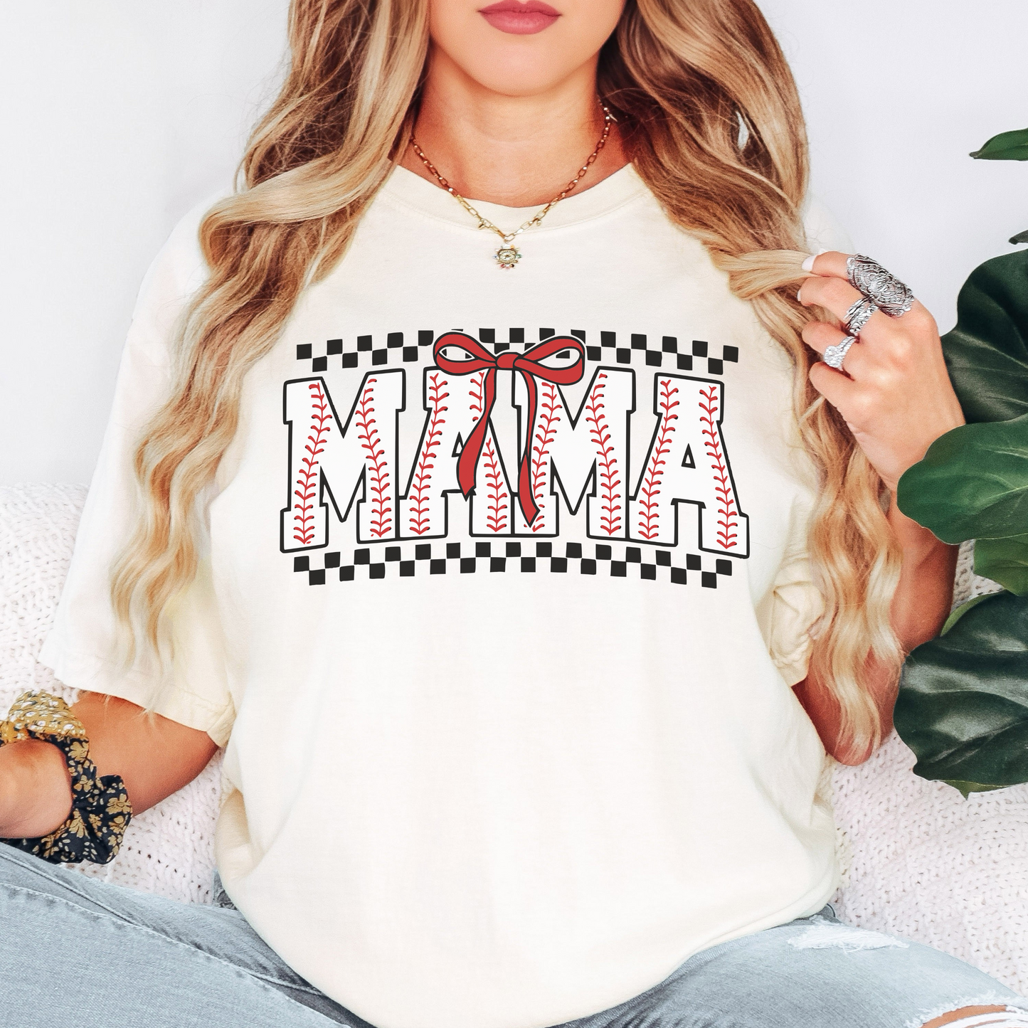 Baseball Mama Comfort Colors Tee – Checkered Bow Game Day Shirt for Moms