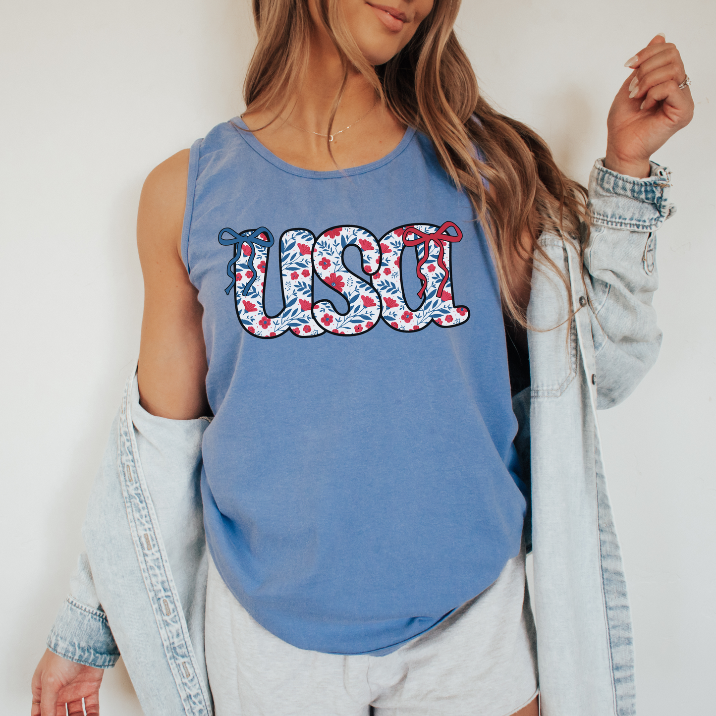 USA Floral Tank Top – Patriotic Sleeveless Comfort Colors Shirt with Coquette Bows