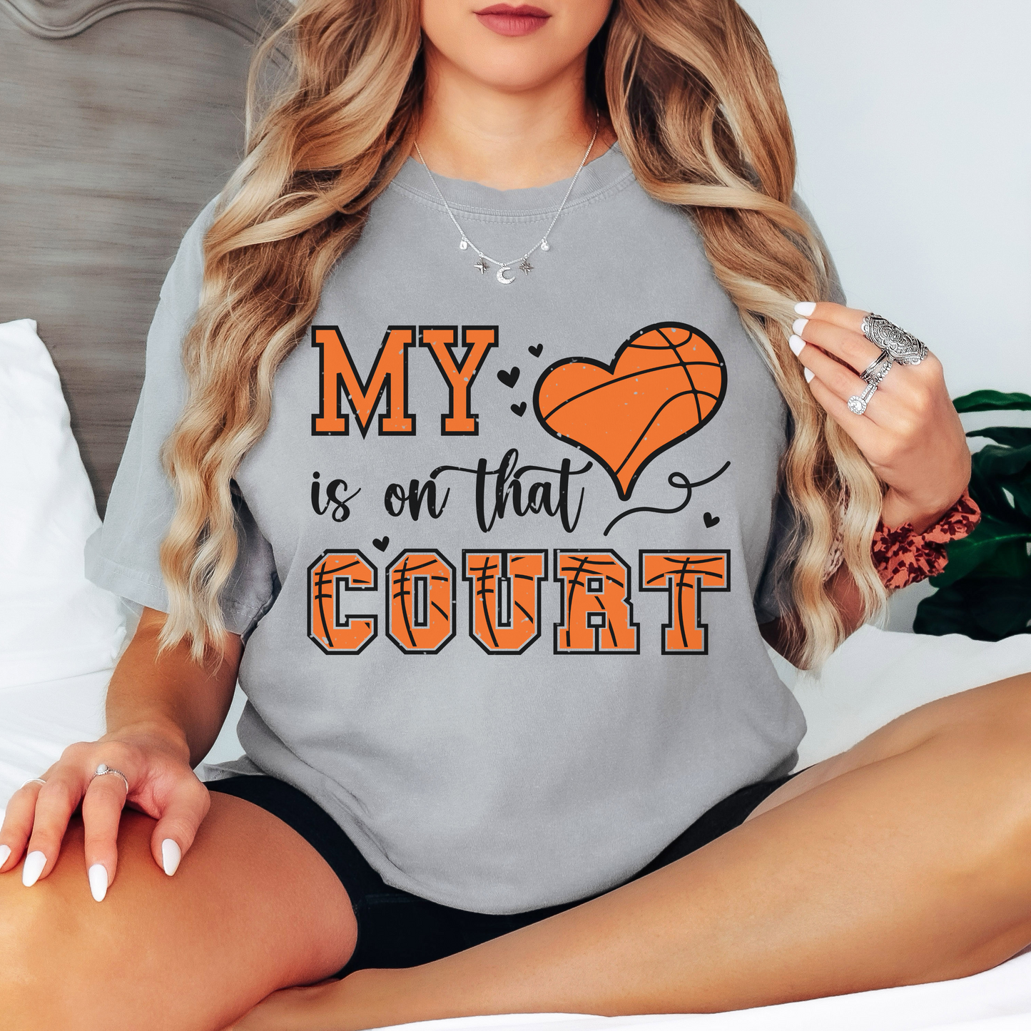 Basketball Comfort Colors Shirt – My Heart Is On That Court Graphic Tee, Cute Game Day Shirt for Moms and Fans