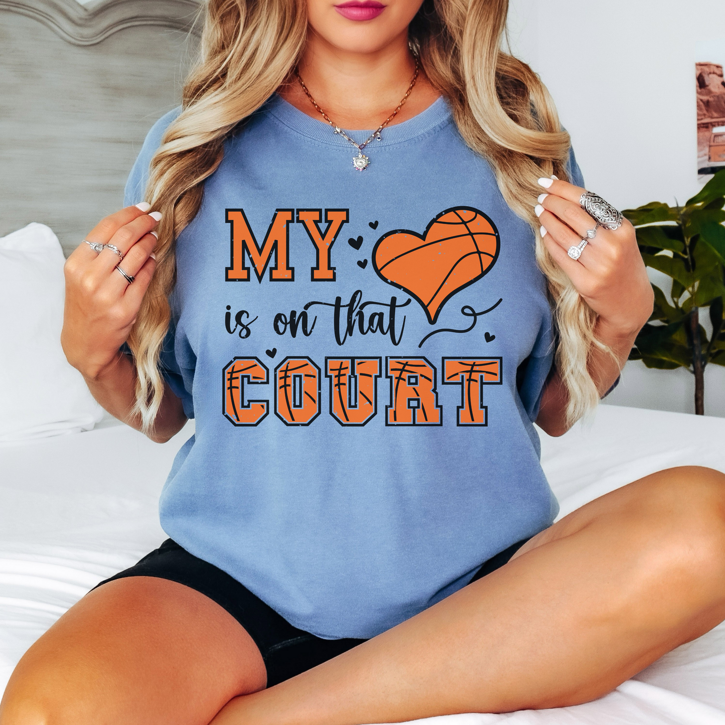 Basketball Comfort Colors Shirt – My Heart Is On That Court Graphic Tee, Cute Game Day Shirt for Moms and Fans