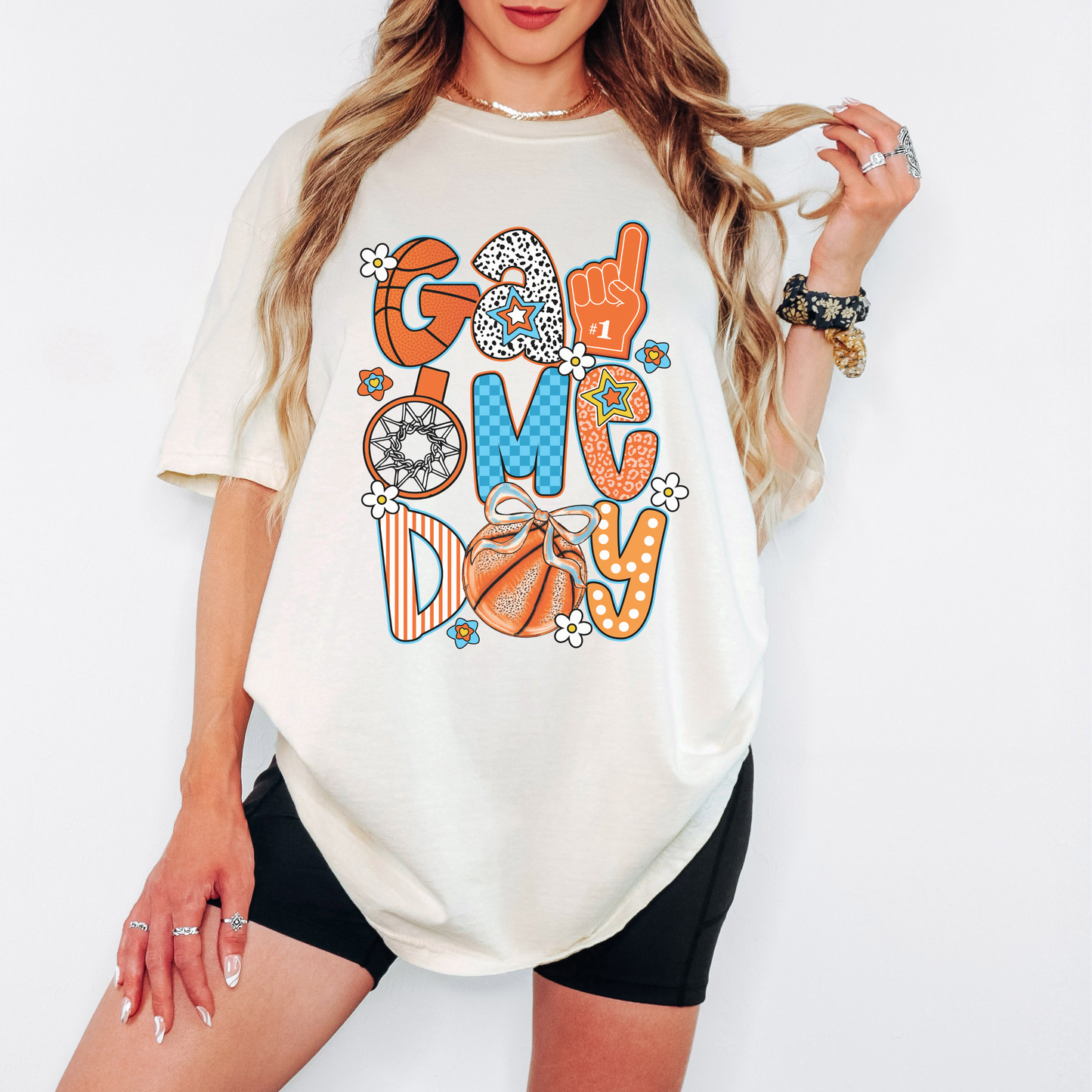 Basketball Game Day Comfort Colors Tee – Retro Sporty Shirt with Bow and Stars