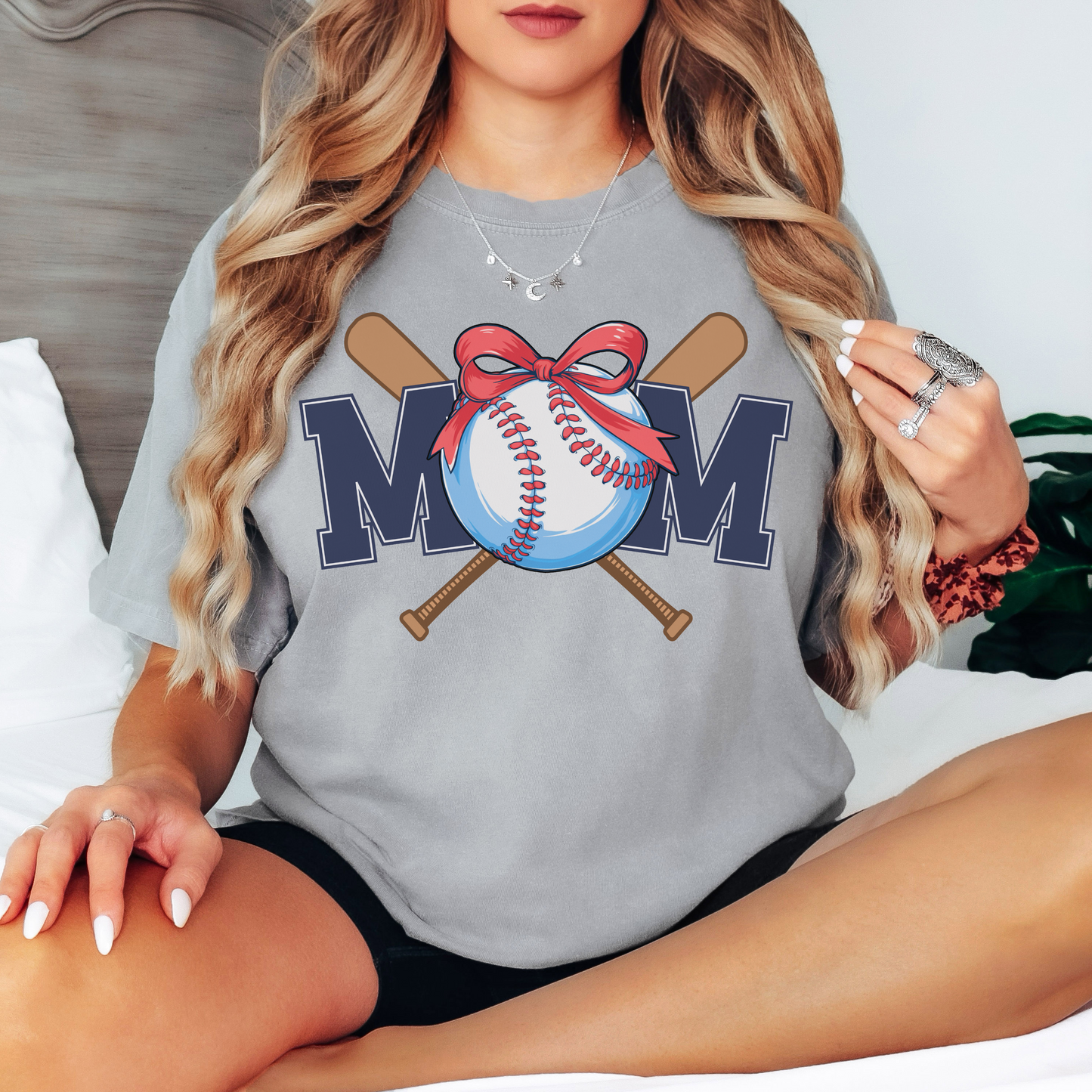 Baseball Mom Shirt Comfort Colors – Red Bow and Bats Graphic Tee