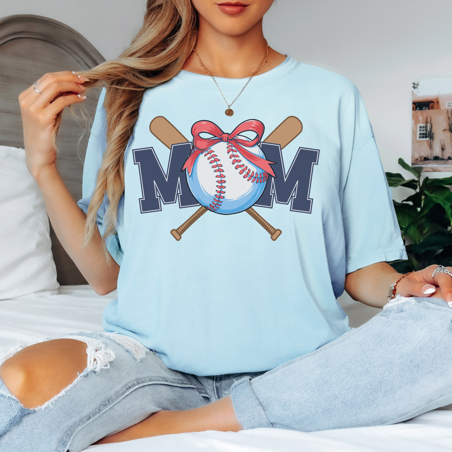 Baseball Mom Shirt Comfort Colors – Red Bow and Bats Graphic Tee