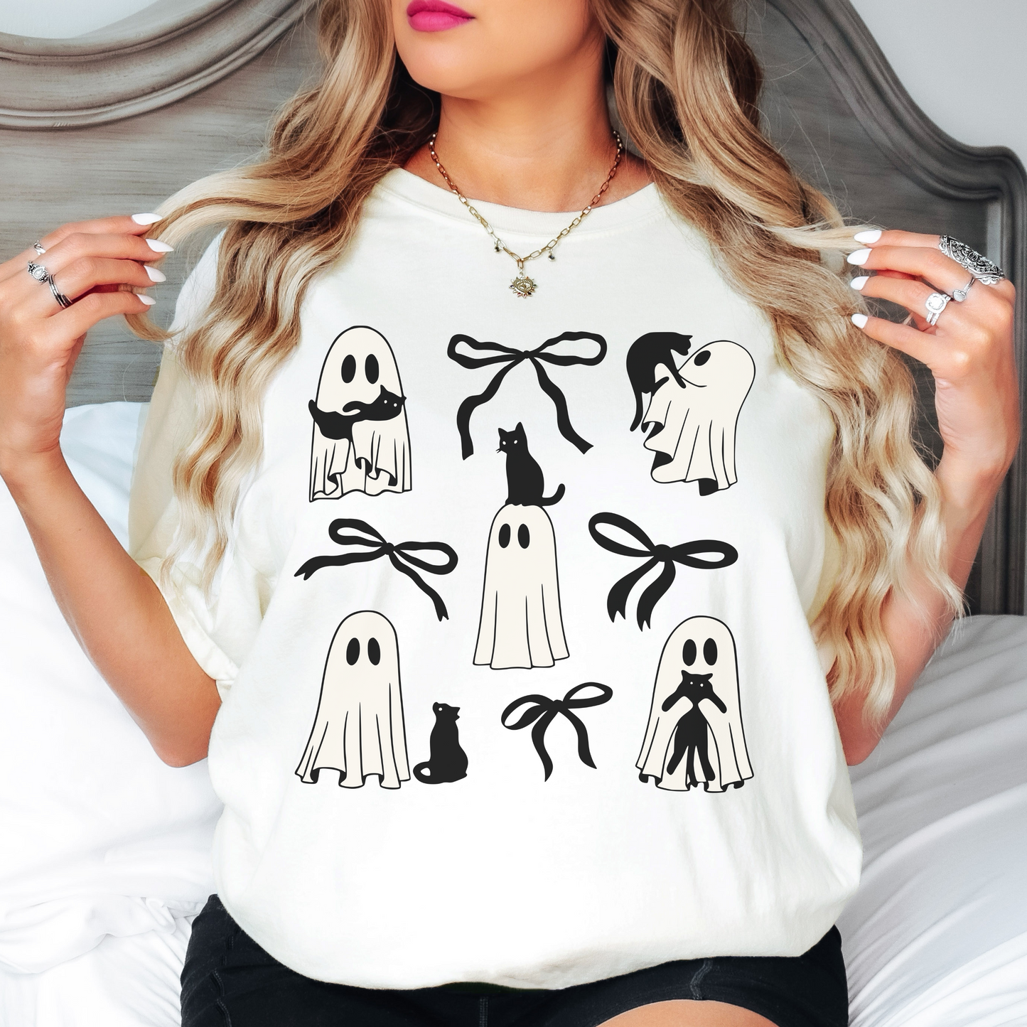 Ghost Cat Halloween Shirt – Cute Black Cat & Bow Graphic – Comfort Colors Tee