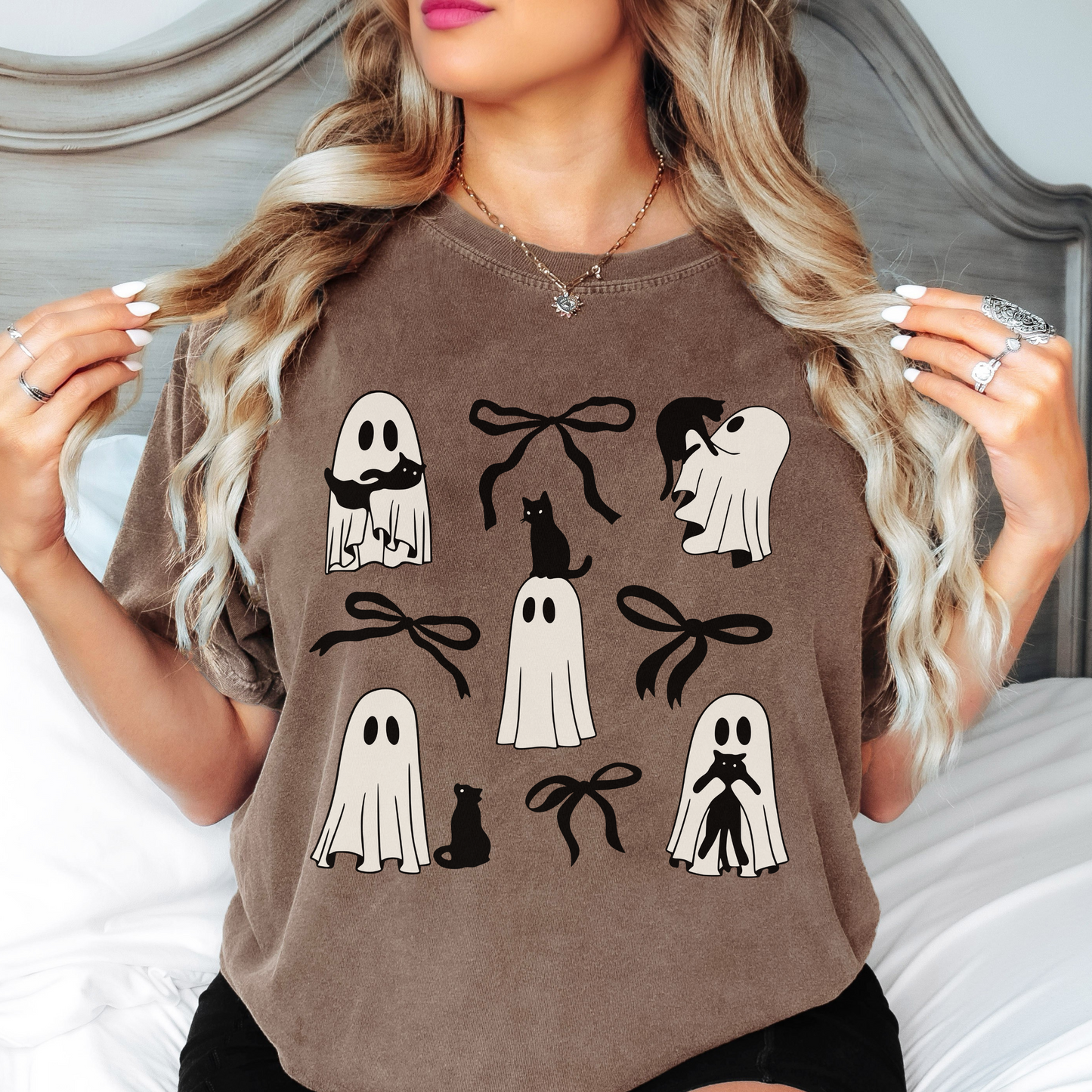 Ghost Cat Halloween Shirt – Cute Black Cat & Bow Graphic – Comfort Colors Tee