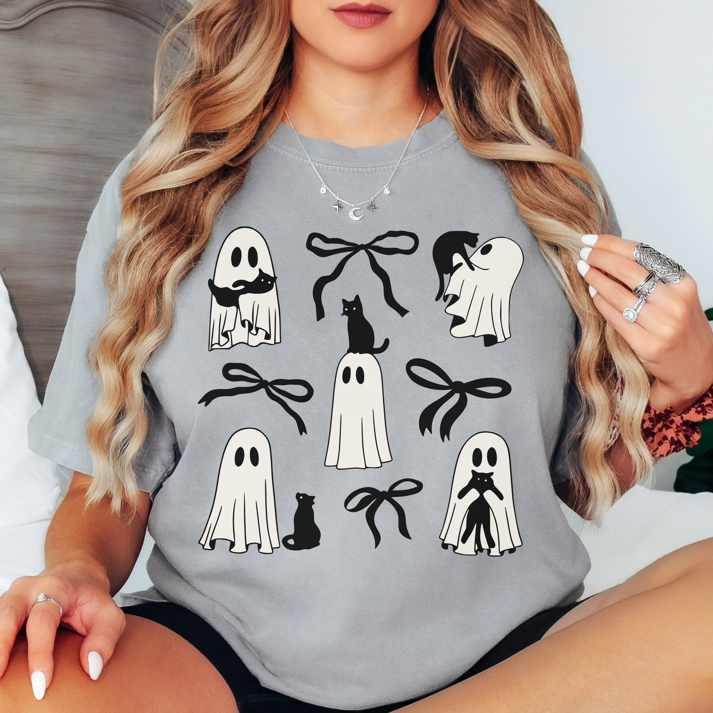 Ghost Cat Halloween Shirt – Cute Black Cat & Bow Graphic – Comfort Colors Tee