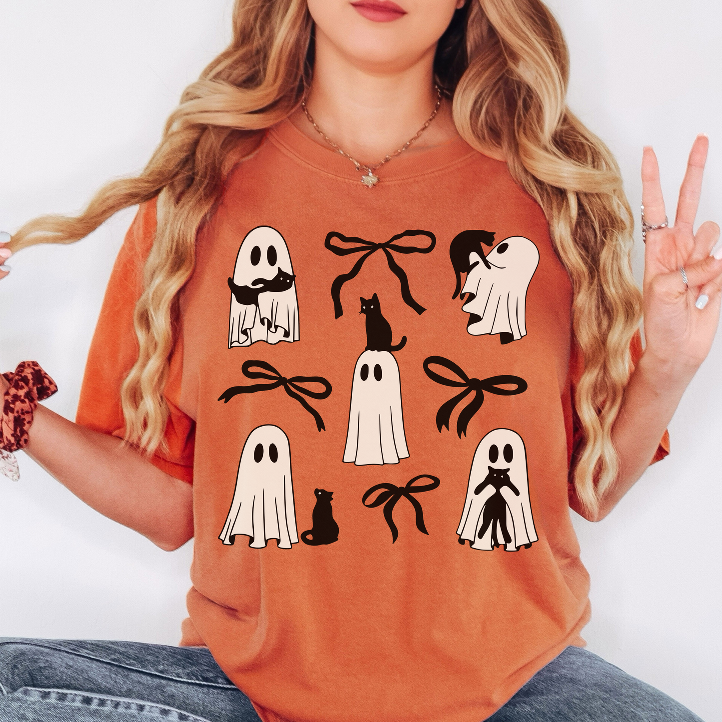 Ghost Cat Halloween Shirt – Cute Black Cat & Bow Graphic – Comfort Colors Tee