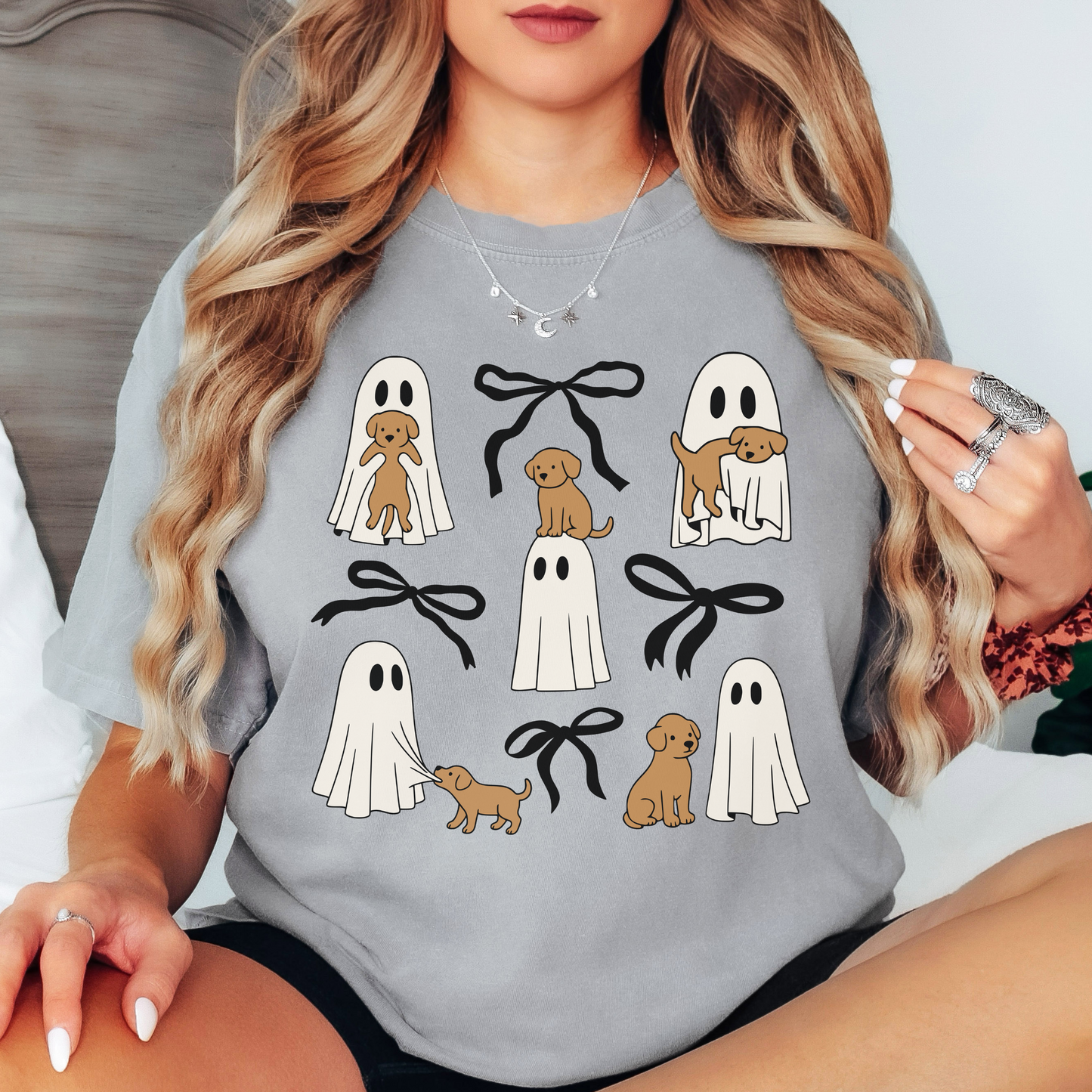 Comfort Colors Ghost Puppy Halloween Shirt – Cute Dog & Bow Graphic Tee