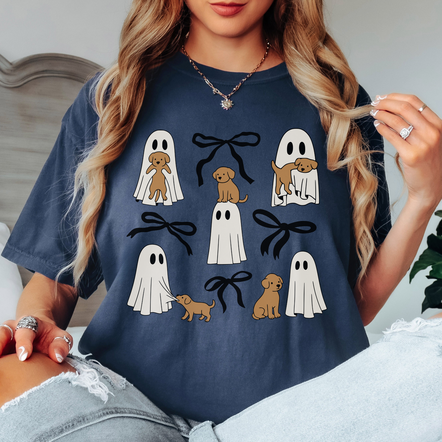 Comfort Colors Ghost Puppy Halloween Shirt – Cute Dog & Bow Graphic Tee