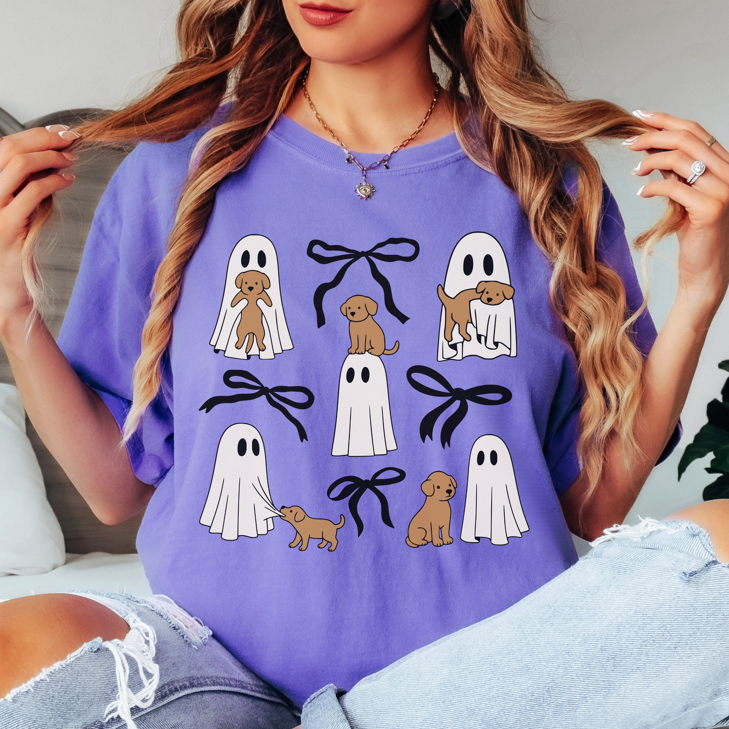 Comfort Colors Ghost Puppy Halloween Shirt – Cute Dog & Bow Graphic Tee