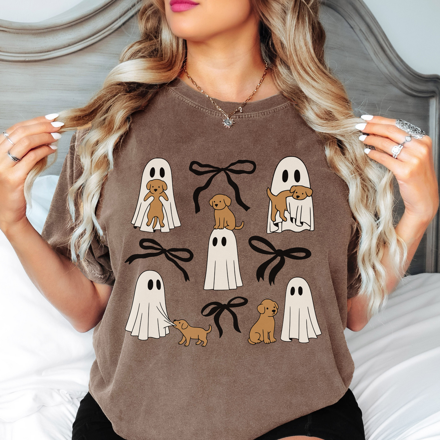 Comfort Colors Ghost Puppy Halloween Shirt – Cute Dog & Bow Graphic Tee