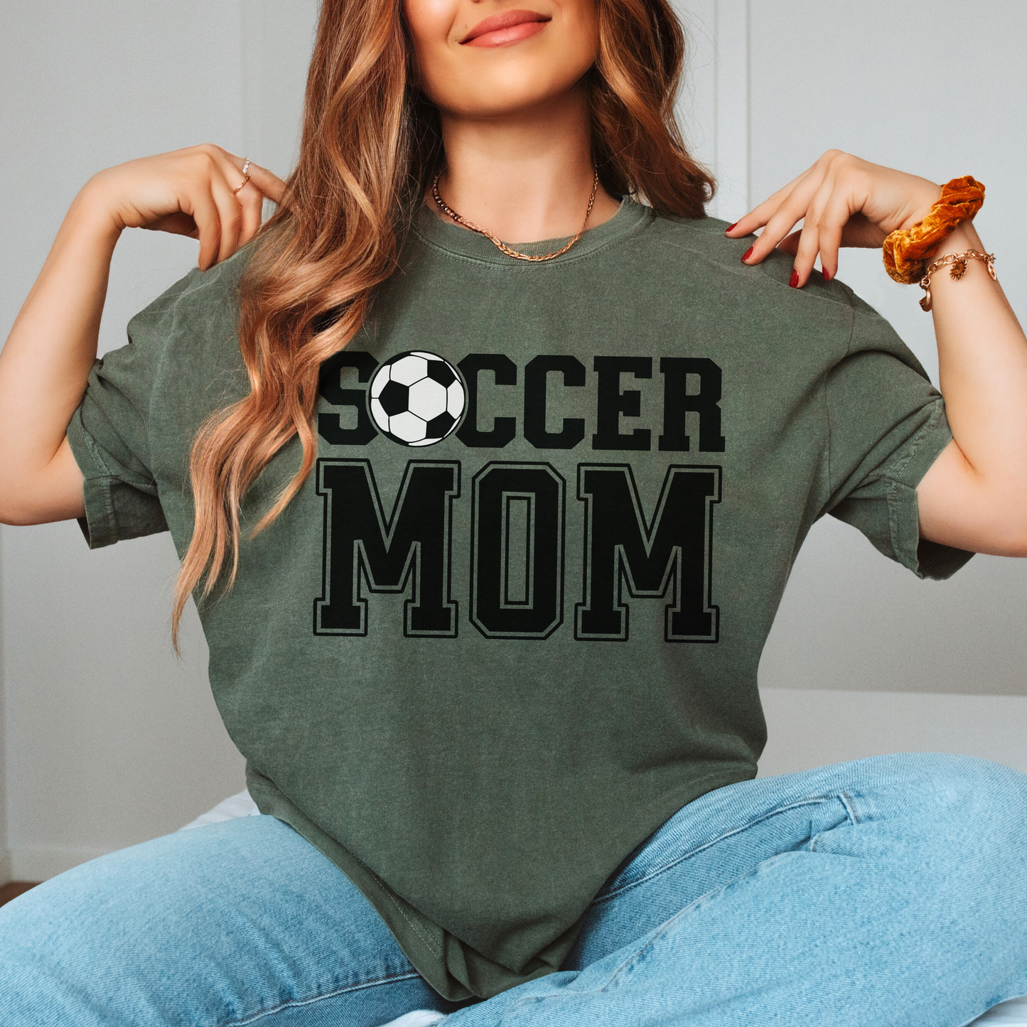 Soccer Mom T-Shirt Comfort Colors | Game Day Tee for Proud Soccer Mama | Athletic Varsity Font Soccer Ball Shirt | Gift for Soccer Mom