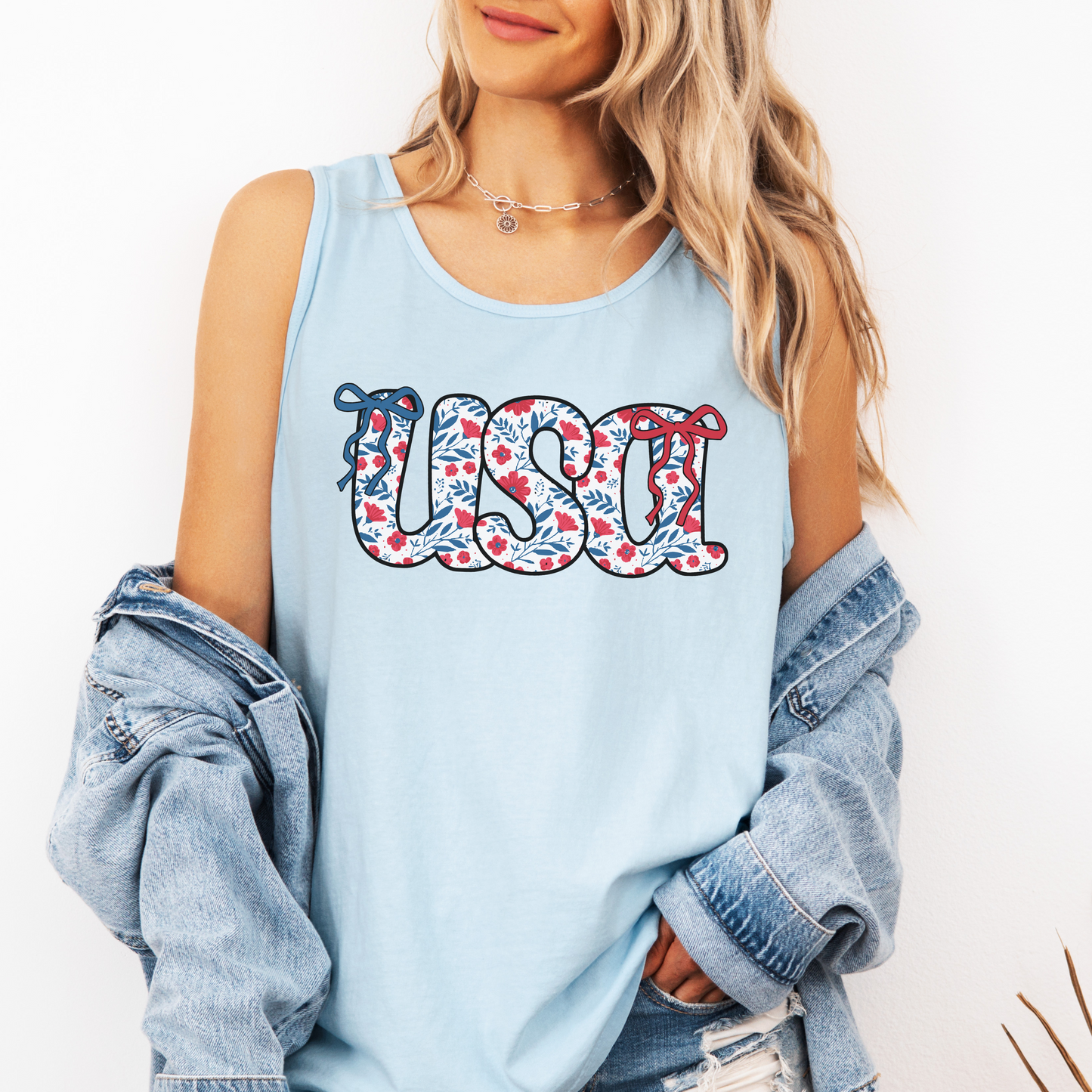 USA Floral Tank Top – Patriotic Sleeveless Comfort Colors Shirt with Coquette Bows