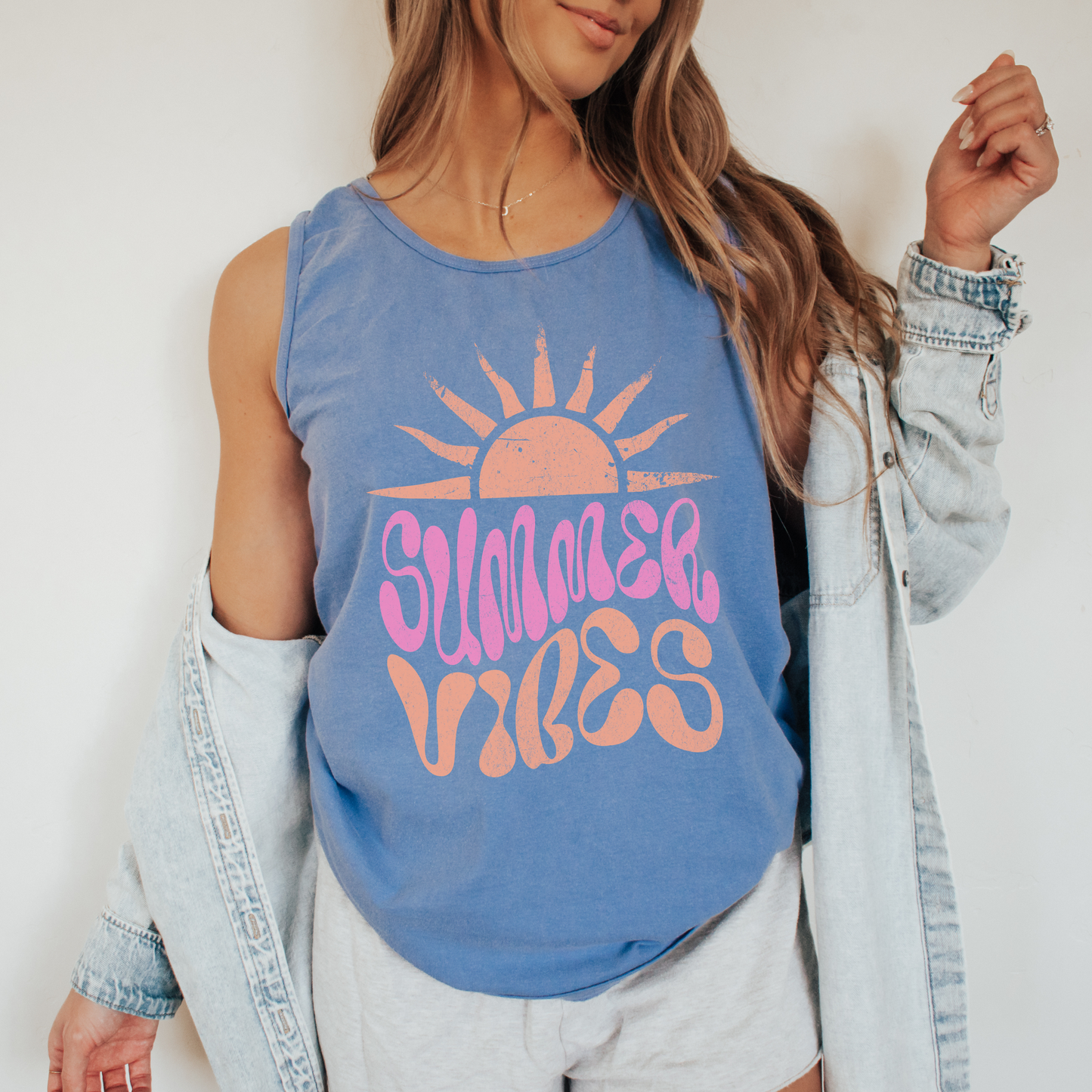 Summer Vibes Tank Top – Comfort Colors Sleeveless Tee, Retro Sun Graphic, Pink and Orange Groovy Shirt