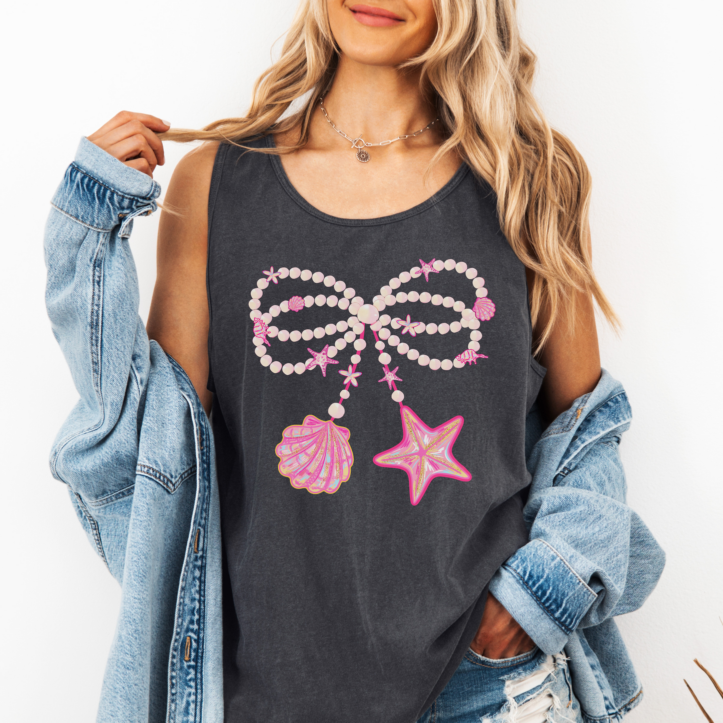 Coquette Seashell Bow Tank Top – Comfort Colors Summer Beach Tank, Pearls & Starfish Coastal Tee