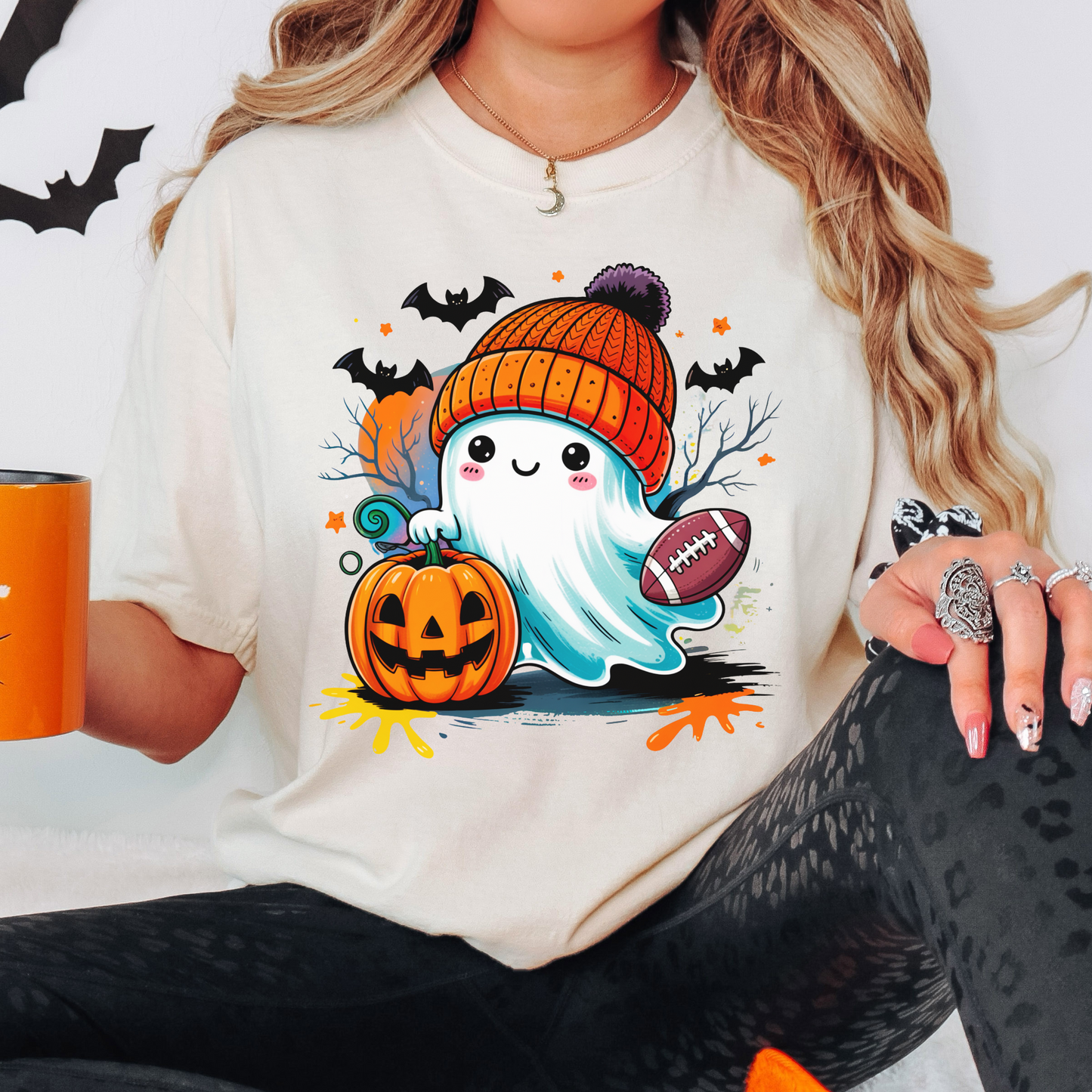 Football Ghost Halloween Shirt – Cute Fall Comfort Colors Tee, Pumpkin & Bat Graphic