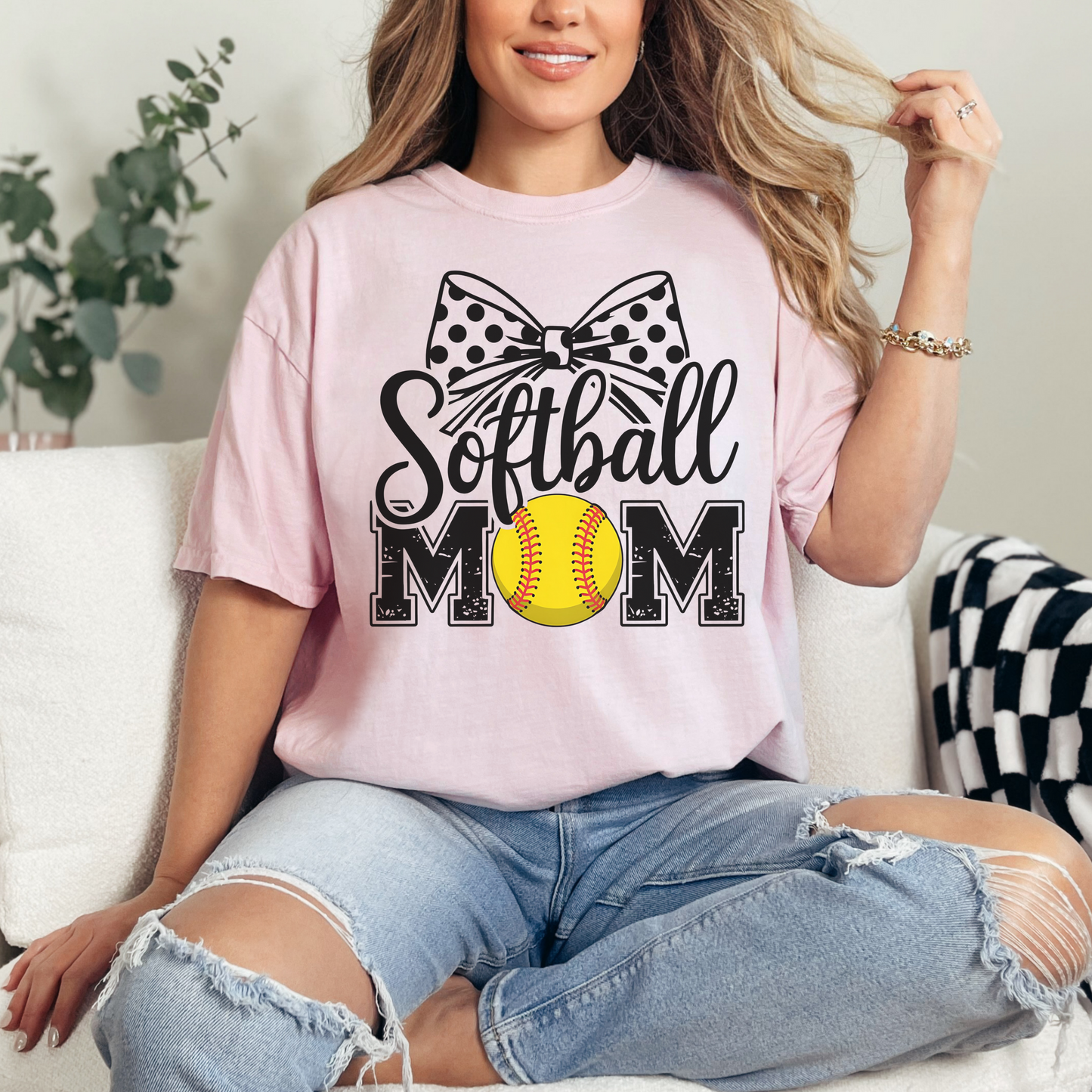 Softball Mom Comfort Colors Tee – Polka Dot Bow Game Day Shirt for Moms