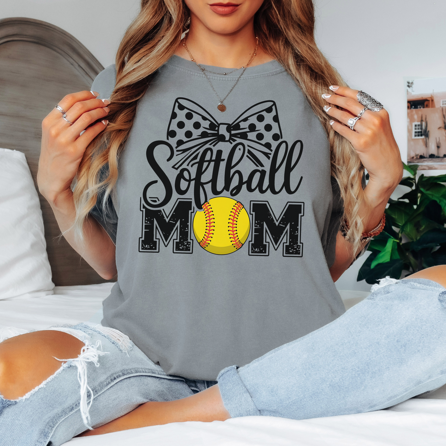 Softball Mom Comfort Colors Tee – Polka Dot Bow Game Day Shirt for Moms