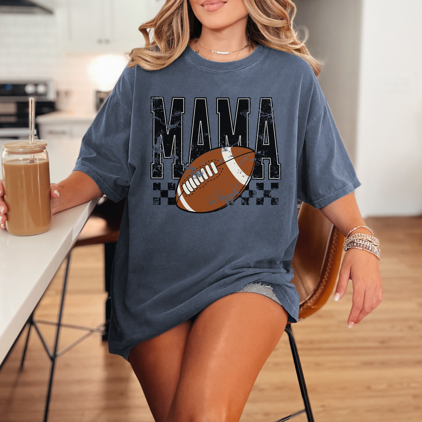 Football Mama Shirt – Comfort Colors Game Day Tee, Distressed Football Mom Graphic, Grunge Checkered Fall Shirt