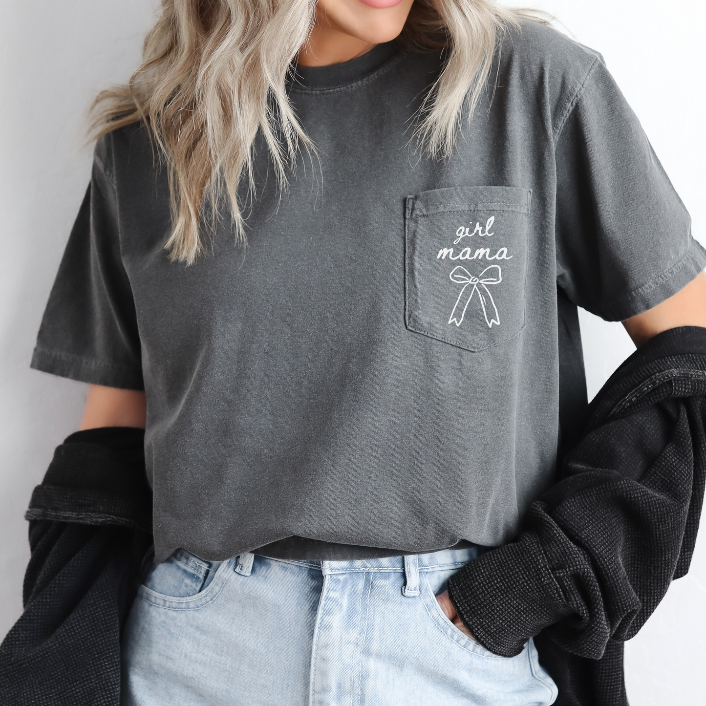 Girl Mama Comfort Colors Pocket Tee – Coquette Bow Mom Shirt, Cute Girly Mom Graphic T-Shirt