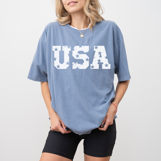 USA Star Block Letter Tee – Comfort Colors Red Shirt | 4th of July Patriotic Graphic T-Shirt