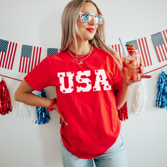 USA Star Block Letter Tee – Comfort Colors Red Shirt | 4th of July Patriotic Graphic T-Shirt