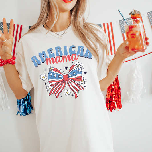 American Mama 4th of July T-Shirt – Comfort Colors Patriotic Tee with Bow, Red White and Blue USA Shirt