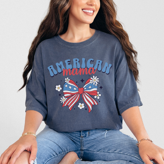 American Mama 4th of July T-Shirt – Comfort Colors Patriotic Tee with Bow, Red White and Blue USA Shirt