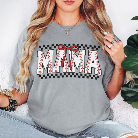Baseball Mama Comfort Colors Tee – Checkered Bow Game Day Shirt for Moms