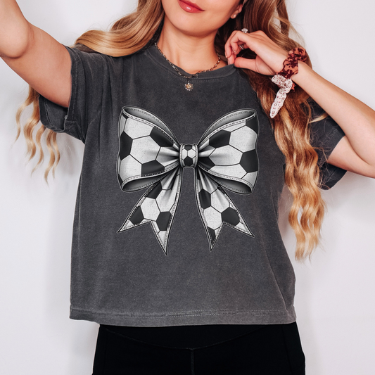 Soccer Bow Comfort Colors Boxy Tee – Coquette Game Day Shirt, Cute Soccer Graphic T-Shirt