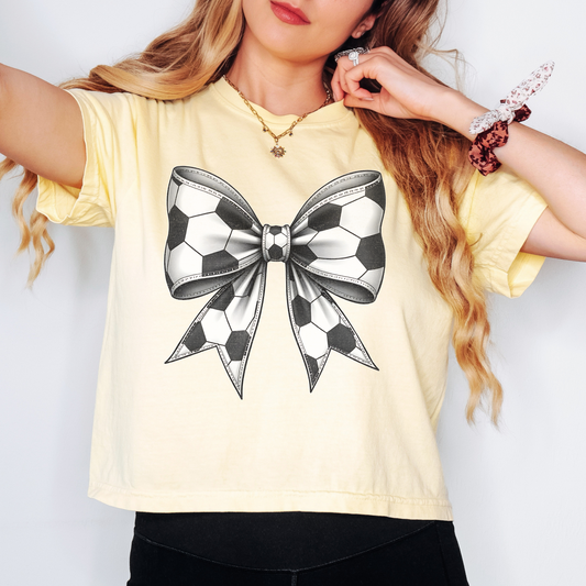 Soccer Bow Comfort Colors Boxy Tee – Coquette Game Day Shirt, Cute Soccer Graphic T-Shirt