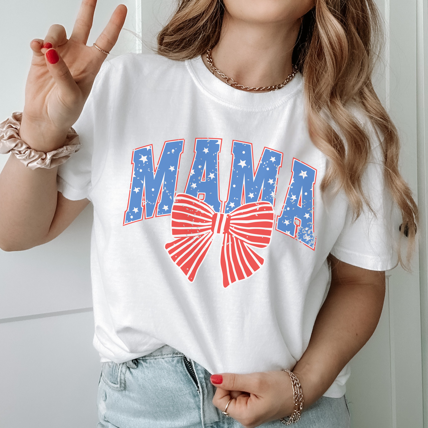 Patriotic MAMA T-Shirt – Comfort Colors 4th of July Tee, Coquette Bow USA Shirt, Red White & Blue Stars