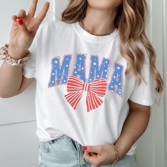 Patriotic MAMA T-Shirt – Comfort Colors 4th of July Tee, Coquette Bow USA Shirt, Red White & Blue Stars