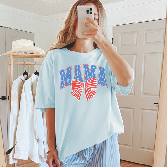 Patriotic MAMA T-Shirt – Comfort Colors 4th of July Tee, Coquette Bow USA Shirt, Red White & Blue Stars