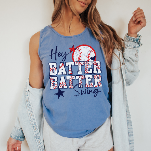 Hey Batter Batter Swing Tank – Comfort Colors Baseball Tank for Moms, Fans & More