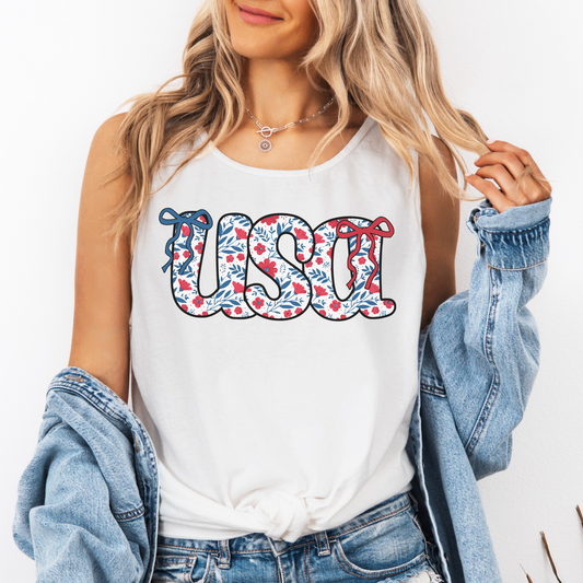 USA Floral Tank Top – Patriotic Sleeveless Comfort Colors Shirt with Coquette Bows