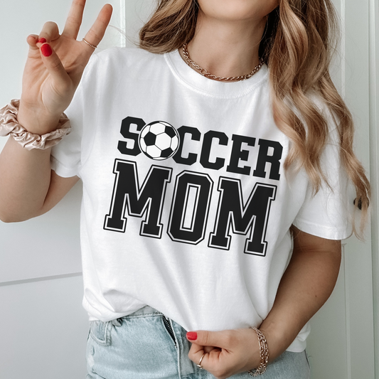 Soccer Mom T-Shirt Comfort Colors | Game Day Tee for Proud Soccer Mama | Athletic Varsity Font Soccer Ball Shirt | Gift for Soccer Mom