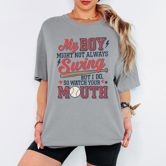 Baseball Mom Comfort Colors Tee – Funny Sports Shirt for Moms, My Boy Might Not Swing Graphic, Vintage Game Day Shirt