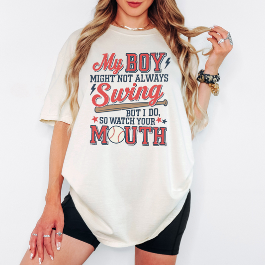 Baseball Mom Comfort Colors Tee – Funny Sports Shirt for Moms, My Boy Might Not Swing Graphic, Vintage Game Day Shirt