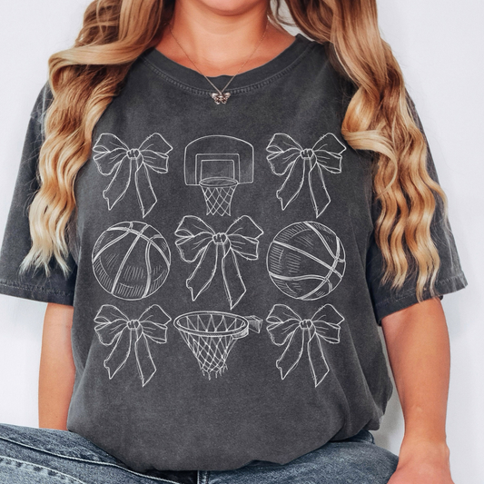 Basketball Comfort Colors Tee – Coquette Bow Game Day Shirt, Cute Basketball Graphic for Sports Moms and Fans