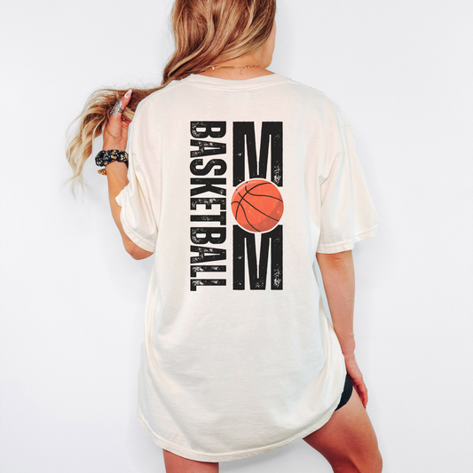 Basketball Mom Comfort Colors Shirt – Distressed Game Day Tee with Back Graphic, Vintage Sports Mom Shirt