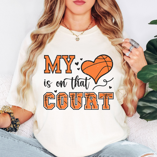 Basketball Comfort Colors Shirt – My Heart Is On That Court Graphic Tee, Cute Game Day Shirt for Moms and Fans