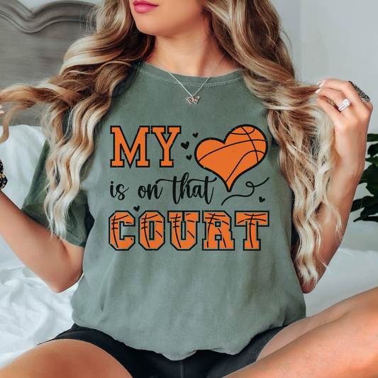 Basketball Comfort Colors Shirt – My Heart Is On That Court Graphic Tee, Cute Game Day Shirt for Moms and Fans