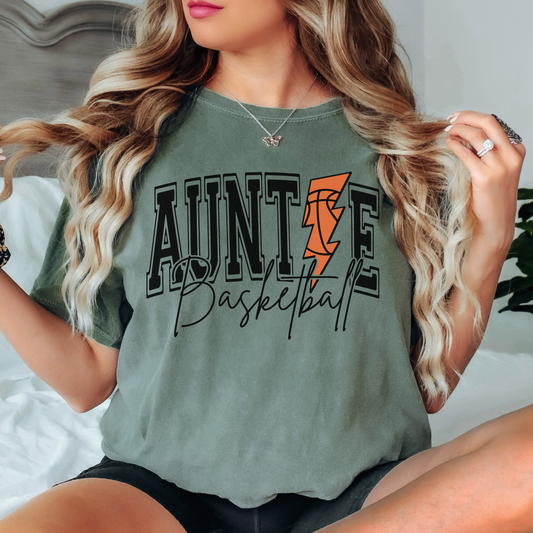 Basketball Auntie Comfort Colors Tee – Lightning Bolt Game Day Shirt for Cool Aunts