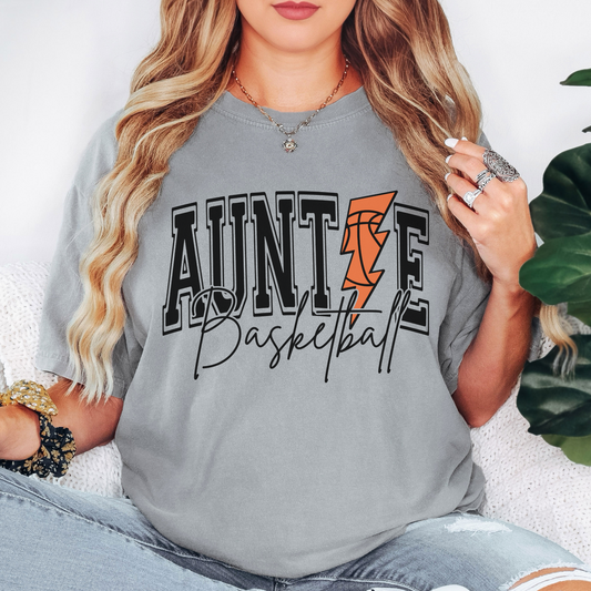 Basketball Auntie Comfort Colors Tee – Lightning Bolt Game Day Shirt for Cool Aunts