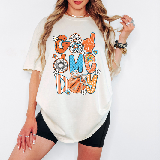 Basketball Game Day Comfort Colors Tee – Retro Sporty Shirt with Bow and Stars