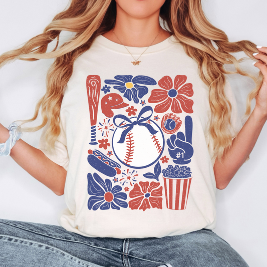 Baseball Game Day Comfort Colors Tee – Soft Vintage Baseball Shirt with Flowers and Bow