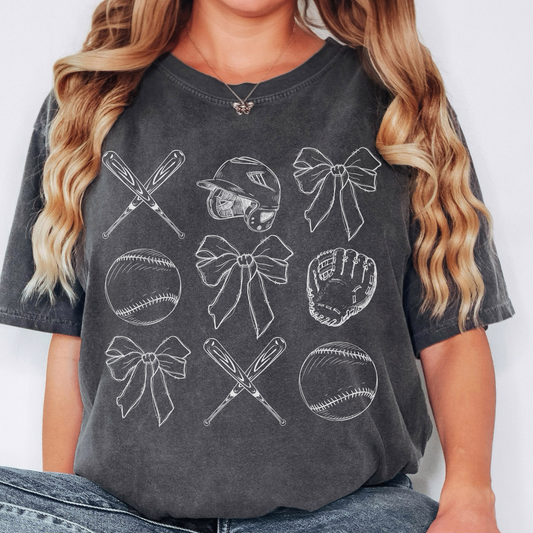 Baseball Comfort Colors Tee – Game Day Shirt with Bats, Bows, and Softball Graphic