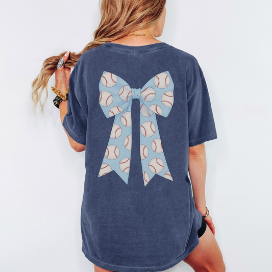 Baseball Bow Comfort Colors Shirt – Coquette Game Day Tee, Girly Baseball Graphic on Back